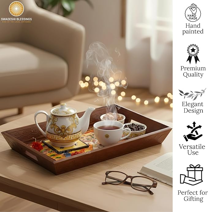 Swadeshi Blessings Wooden Serving Tray Set- Handcrafted & Hand-Painted for Kitchen/Table & Home Decor/Dinning/Gifts/Restaurants/Living Room/Coffee Table (Set of 3 Trays) (Brown)