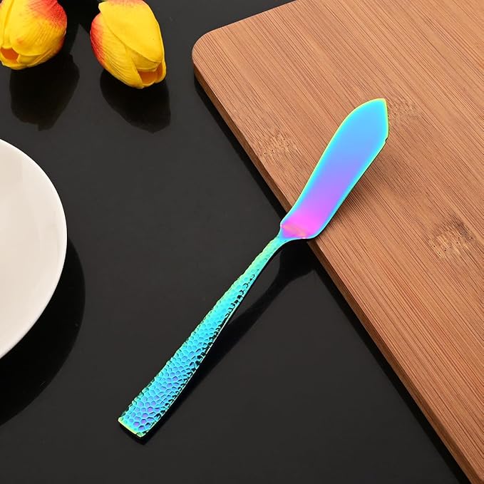 JASHII 5-Piece Rainbow Hammered Flatware Hostess Set Stainless Steel Serving Fork Slotted Serving Spoon Butter Knife Teaspoon Set for Buffet Party Mirror Polished Dishwasher Safe