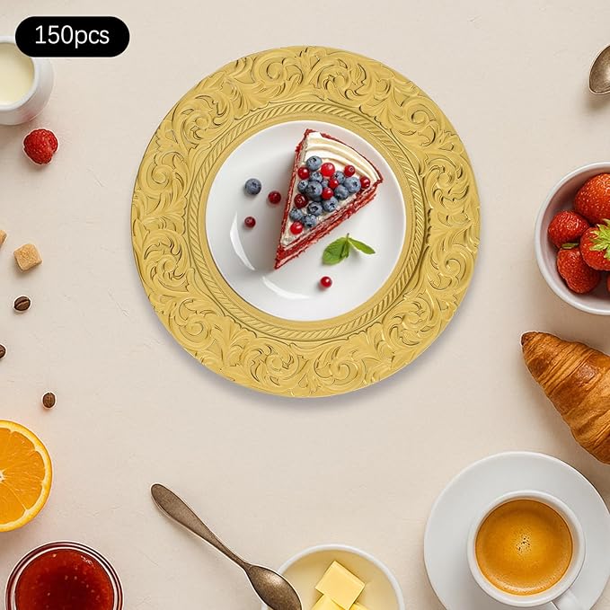 Gold Plastic Charger Plates Set of 150, 13” Reusable Party Chargers for Dinner Plates, Elegant Round Service Plate Chargers Bulk Decorative for Wedding, Catering Table Decor