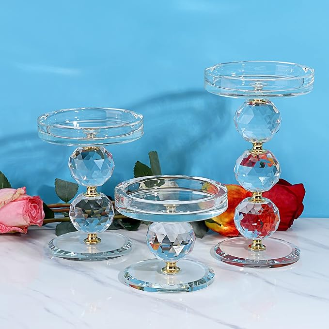 OwnMy Set of 3 Gold Crystal Glass Pillar Candlestick Holders Votive Candle Holder Set, Clear Glass Tea Light Candle Stick Holders Pillar Candle Stand Modern Candle Centerpiece for Living Room Wedding