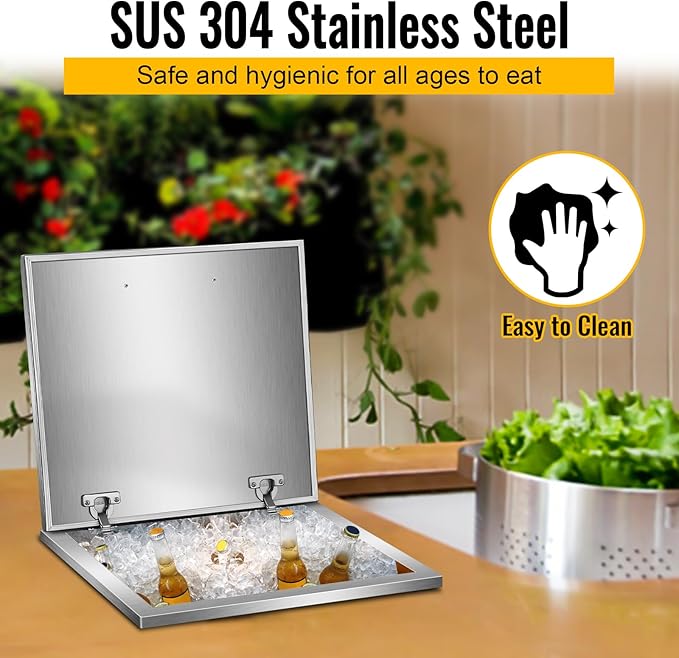 Drop in Ice Chest with Cover Stainless Steel Ice Cooler Included Drain-Pipe and Drain Plug Drop in Ice Bin Outdoor Kitchen for Cold Wine Beverage