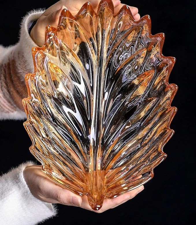 MAGCOLOR Creative Gold Hand painted Crystal Glass Leaf-shaped Decorative Bowl -12.2 inch Diameter Fruit Display & Kitchen Table Centerpiece. (Gold)