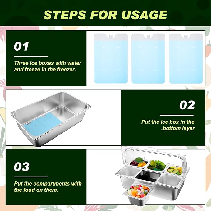 Tessco for you 16 Pcs Ice Food Spice Serving Display Countertop Chilled Condiment Container Set with Lid, Stainless Steel Salad Cold Caddy for Buffet Restaurant Kitchen Party(6 Compartments)