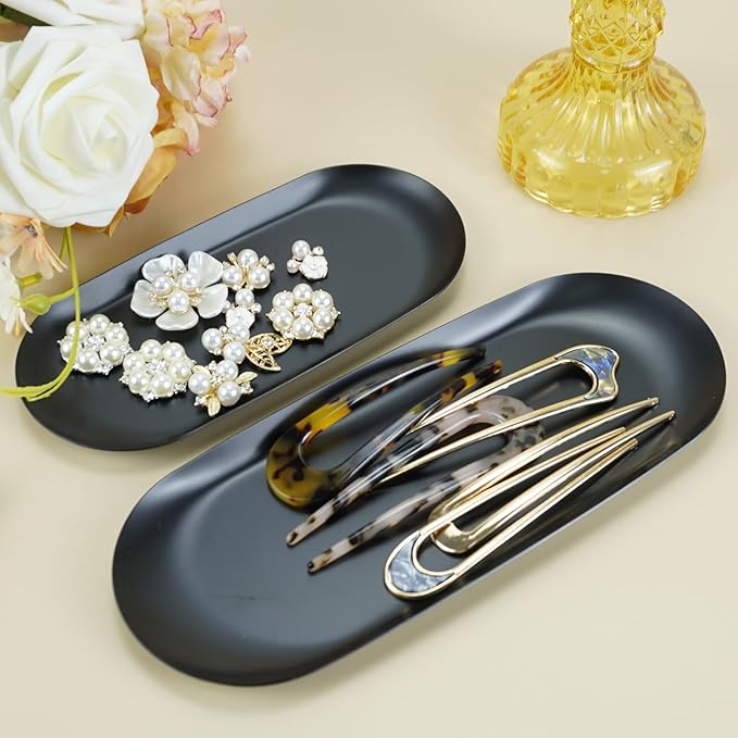 Stainless Steel Decorative Tray Set of 2 Serving Trays Cosmetics Organizer Bathroom Clutter Serving Platter 7/9 Inch Small Storage Tray (Black)