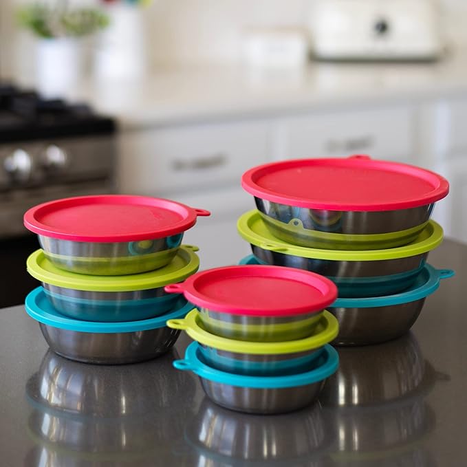 Messy Mutts 6-Piece Set | Three Stainless Steel Bowls and Three Colorful Silicone Lids | Sealable Travel Containers | Portable Food/Water Dishes for Pets | Extra-Large, 6 Cups