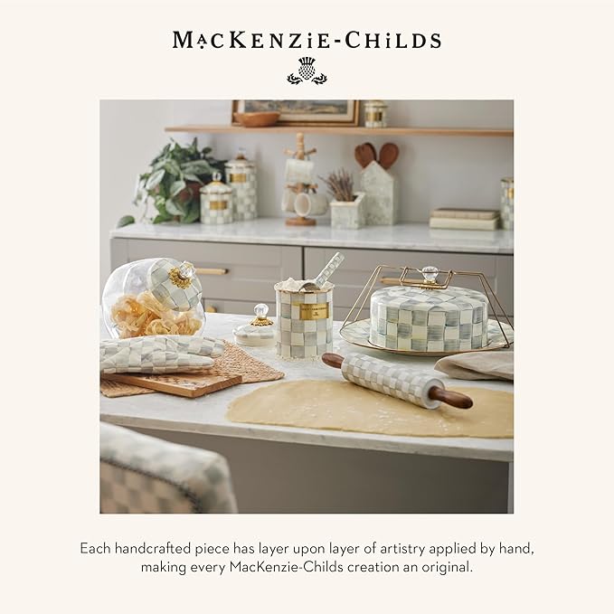 MACKENZIE-CHILDS Enamel Lidded Sugar Bowl, Small Serving Bowl with Lid, 10-Ounce Capacity, Gray-and-White Sterling Check