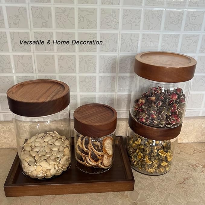 Clear Glass Storage Canister with Airtight Wooden Screw Lid 25oz/750g 2 PACK with Tray,Decorative Container Jar for Coffee,Spice,Candy,Salt,Cookie,Condiment,Pepper,Sugar,Overnight Oatmeal