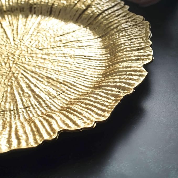 13" Charger Plates - Set of 24 - Acrylic Gold Round Reef Disposable Chargers, Ideal for Dinner Party Wedding Holiday Bulk Events