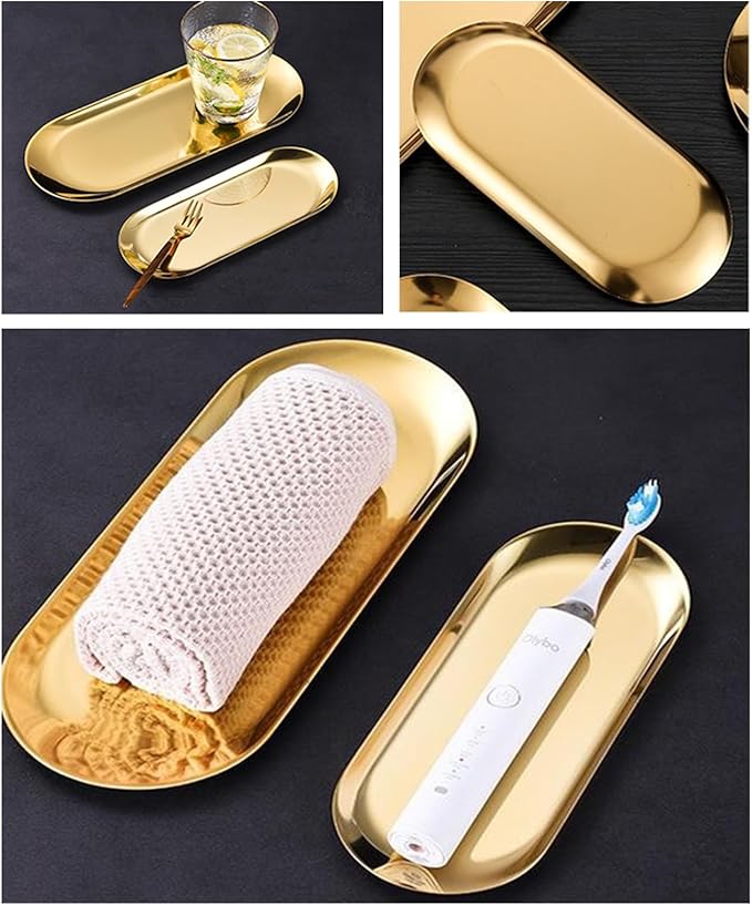 [2pk] Gold Decorative Tray, Perfume Bathroom Jewelry Vanity Mirror Candle Trinket Towel Pallet, Small Metal Stainless Steel Tray, Oval,XXL 12 x 4.7 x 0.5 in