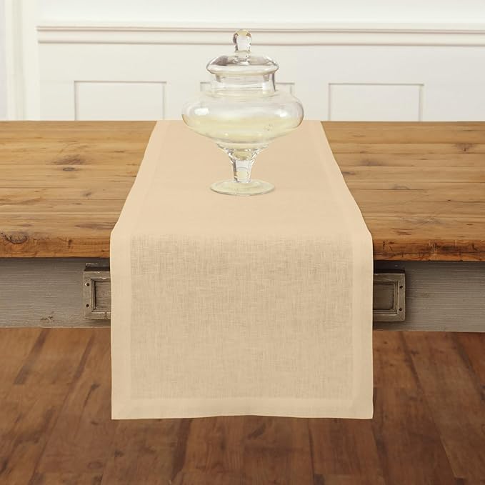 Solino Home Linen Beige Table Runner 90 Inches Long - 100% Pure Linen 14 x 90 Inch Table Runner for Christmas, New Year - Fete