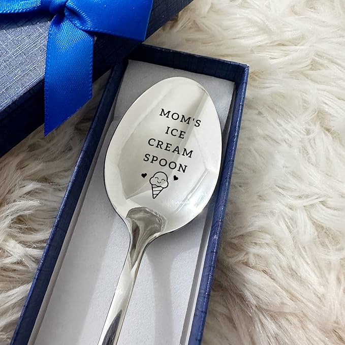 Mom's Ice Cream Spoon Funny Engraved Stainless Steel Spoon Ice Cream Lovers Gifts for Women,Mmom Gift from Daughter Son Best Birthday Valentine Mother's Day Christmas Thanksgiving Gift