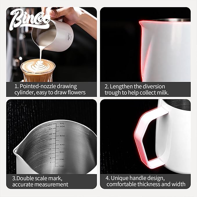 Bincoo Milk Frothing Pitcher 600ml/20oz,Stainless Steel Latte Art Cup Stainless Steel Frothing Milk Jug with Internal Measurements, for Cappuccino, Espresso and More(White B Style)