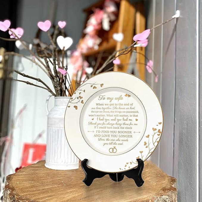 Gifts for Wife - To My Wife Plate with 24k Gold Foil, Happy Birthday Anniversary Wedding Gift for Her from Husband, Ceramic 9"