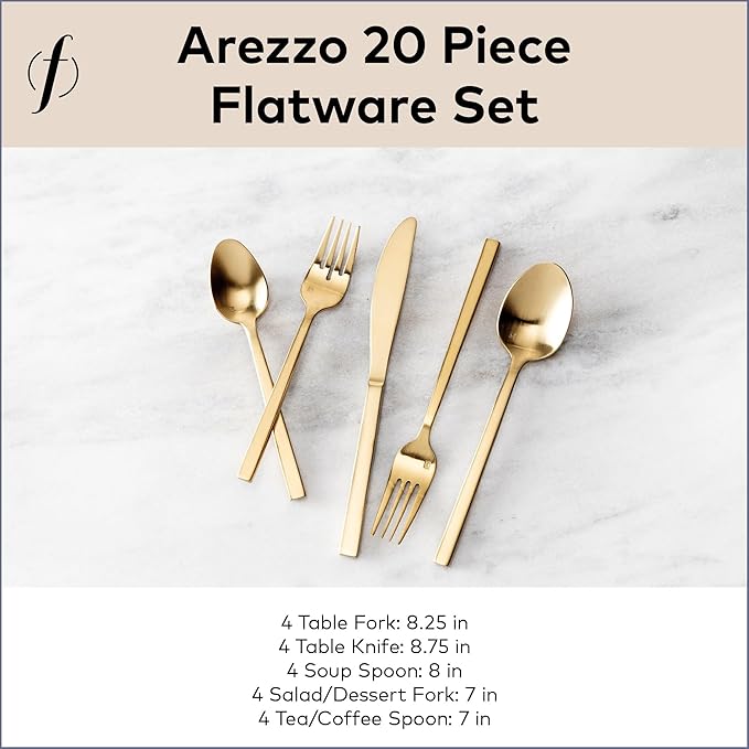 FORTESSA Arezzo 18/10 Stainless Steel Flatware, 20 Piece Place Setting With Table Knives, Forks and Spoons (Service For 4), Dishwasher Safe, Brushed Gold