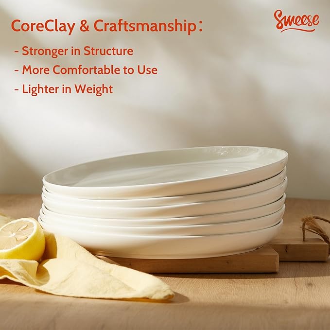 Sweese Porcelain Dinner Plates Set of 6, 10 Inch Lightweight Round Dish Set - Dishwasher, Microwave, Oven Safe, Scratch Resistant, Kitchen Serving Dishes - White