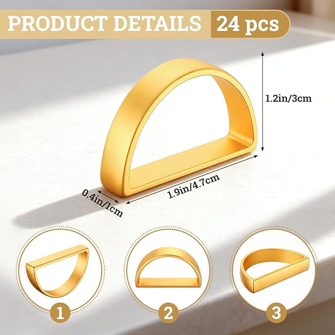 Suream Napkin Rings Set of 24, Stainless Steel Napkin Holder Buckles, Thanksgiving Napkin Rings for Table Dinner Banquet Party (Matte Gold Semicircle)