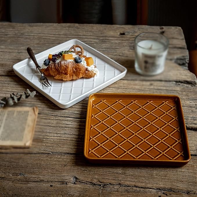 SONGCHAO Party Supplies Retro Square Plaid Dinner Plate Home Kitchen Restaurant Breakfast Plate Dessert Plate Salad Plate Ceramic Plate Party Plates (Color : A)