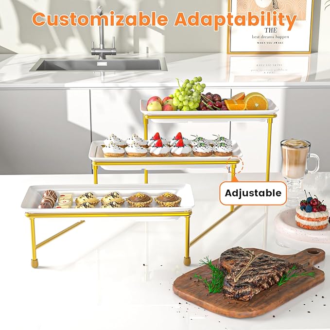3 Tier Serving Tray for Party, 14"x7" Tiered Serving Platters with Steel Display Stand for Sevring Food,Cookies,Veggie, Dessert,Fruit, Gold