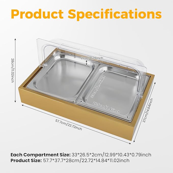 Ice Food Serving Display Tray, 6L Spice Display Salad Dressing Cooler Food Dishes Display Plate Case w/Clear Roll Top Cover for Outdoor Buffets Parties & Restaurant (Gold)