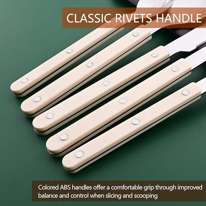 20 PCS Stainless Steel Flatware Set for 4, Silverware Set with Colored Handles, Retro Style Forks Spoons and Knives Set, Vintage Eating Utensils, Beige Acrylic Handle with Rivets Design