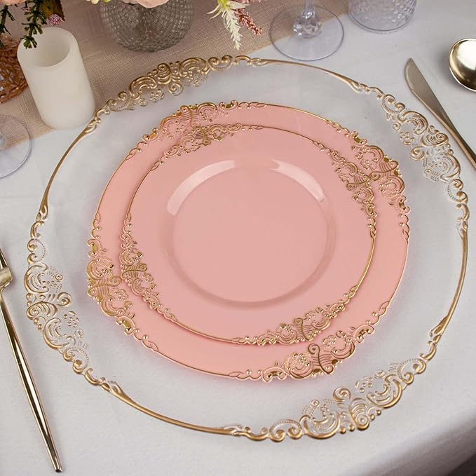 8" Salad Plates -Set of 10 - Plastic Rose Gold Round Baroque Disposable Chargers Leaf Embossed Rim, Ideal for Dinner Party Wedding Bulk Events