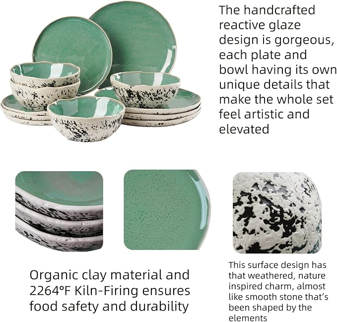 12pcs Dinnerware Set Service for 4, Handmade, Stoneware,Ceramic, Dish Set, Plates and Bowls set, Dinner Set, Reactive Glazed, Microwave and Dishwasher Safe (GREEN)