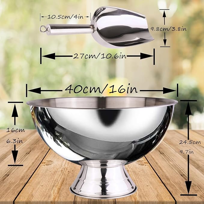 Large Ice Bucket 13L Stainless Steel Champagne Bowl Ice Bucket with Ice Scoop Semicircle Drink Tub with Integrated Base Silver Beverage Tub for Parties, Cocktail Bar, Chilling Wine (1 Pack-Silver)