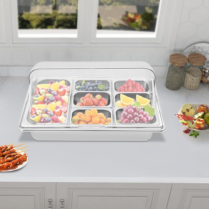 7 Compartments Food Serving Display Container, 7 Pans Countertop Ice Food Serving Display Container Stainless Steel Buffet Food Display Serving Tray with Clear Roll Top Cover Serving Dish