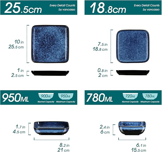 vancasso Stern Blue Dinnerware Set Square Tableware 16 Pieces Kitchen Dinnerware Stoneware Crockery Set with Dinner Plate, Dessert Plate, Bowl and Soup Plate Service for 4