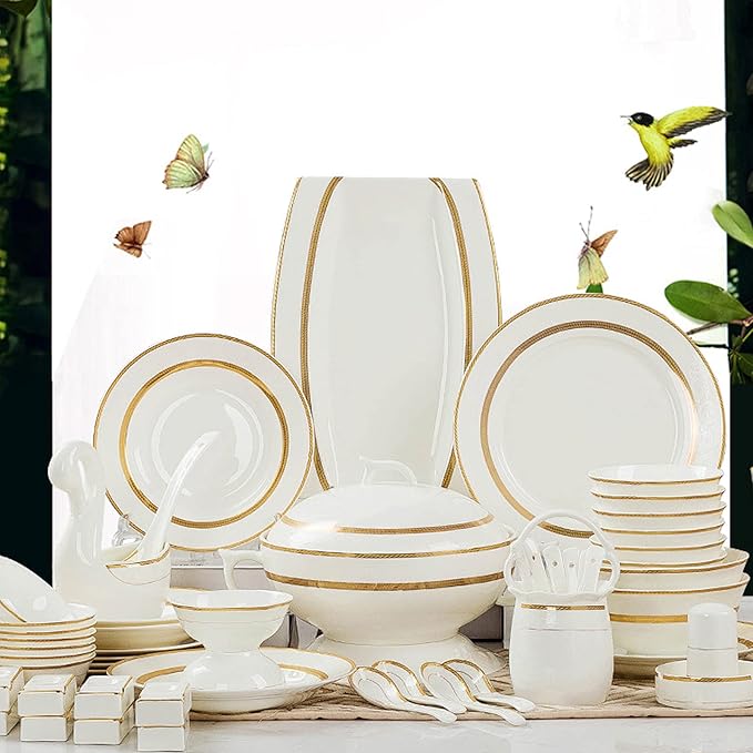 Gold Rim Ceramic Tableware Set Handmade Modern White China Ceramic Floral Tableware Set Suitable for Family Hotel Restaurant 60 Piece