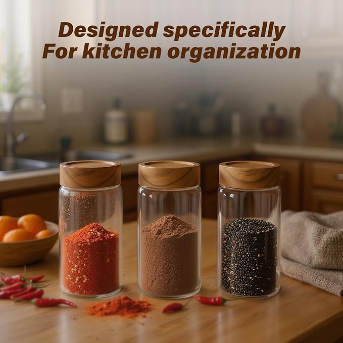 6 -Piece 13 fl oz Food-Grade Glass Mason Jars with Acacia Wood Lids, Sealable Waterproof, Transparent Easily Stackable for Overnight Oats, Spice Storage & Snack Organizing