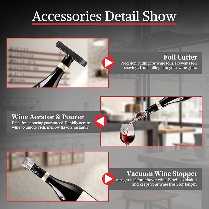 5 IN 1 Rechargeable Electric Wine Opener, Stainless Steel Automatic Bottle Corkscrew with Foil Cutter, Vacuum Stopper, Wine Pourer, One Touch Bottle Winer Gift Set for Christmas, Party