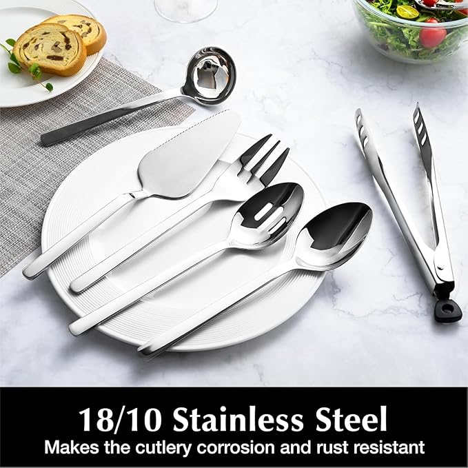KINGSTONE 60 Piece Hammered Silverware Set and 12 Piece Serving Utensils Set
