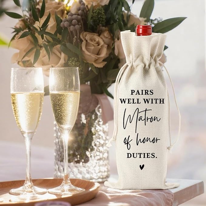 Matron of Honor Gifts, Engagement Wine Bag, Maid of Honor Proposal, Wedding Wine Bag, Bridal Shower Gift, Burlap Bottle Bags With Drawstring for Bridesmaid Wedding Dinner Bachelorette Party
