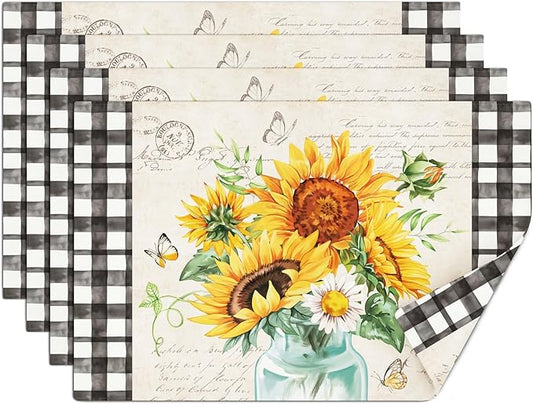 comfoyar Sunflower Vase Placemats Set of 4, 12x18 Inch Non-Slip Linen Summer Daisy Floral Place Mats, Washable Absorbent Butterfly Checkered Table Mats for Kitchen Dining Party Table Decoration