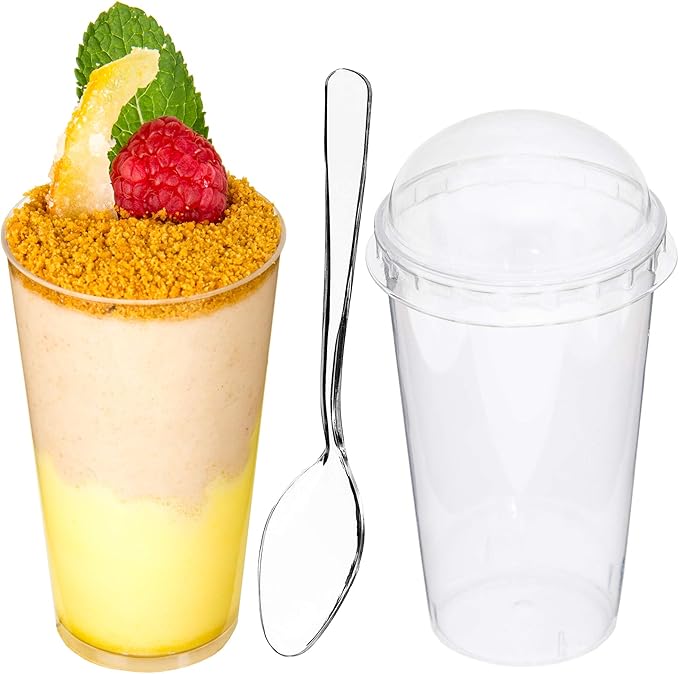 DLux 100 x 3oz Mini Dessert Cups with Lids & Spoons, Shooter - Clear Plastic Parfait Appetizer Cup - Small Reusable Cups for Tasting Party Desserts Appetizers - With Recipe Ebook