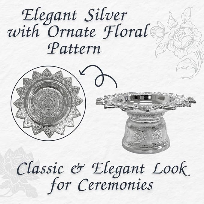 Decorative Pedestal Tray 5 Inch – Traditional Thai Offering Tray with Flora Design for Home, Temple, or Spa Display (Silver,14cm)