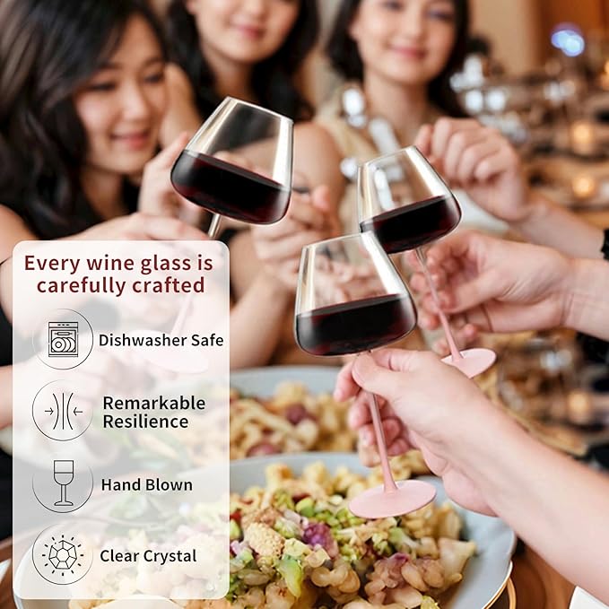 Crystal Wine Glasses Set of 2 with Gift Box. Dishwasher Safe. 24oz Large Pink Wine Glasses with Long Stem for Women.Hand-Blown,Thin Rim. Gift for Wife,Girlfriend,Mom.Unique & Modern Design