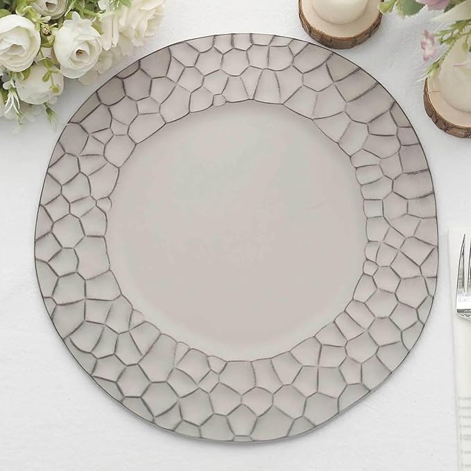 Efavormart 6 Pack | 13" Matte Gray Plastic Hammered Rim Dinner Charger Plates, Decorative Disposable Irregular Round Serving Plates