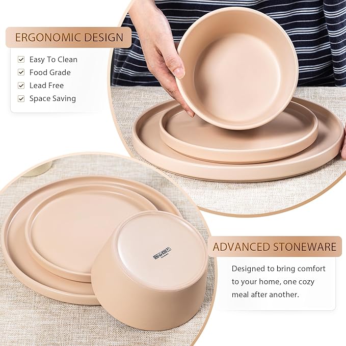 Plates and Bowls Sets for 4 - CJDC-QUELO 16 Piece Stoneware Dinnerware Sets with Mugs, Ceramic Dishware Sets for Kitchen Dining Use, Chip and Scratch Resistant Microwave Dishwasher Safe, Brown