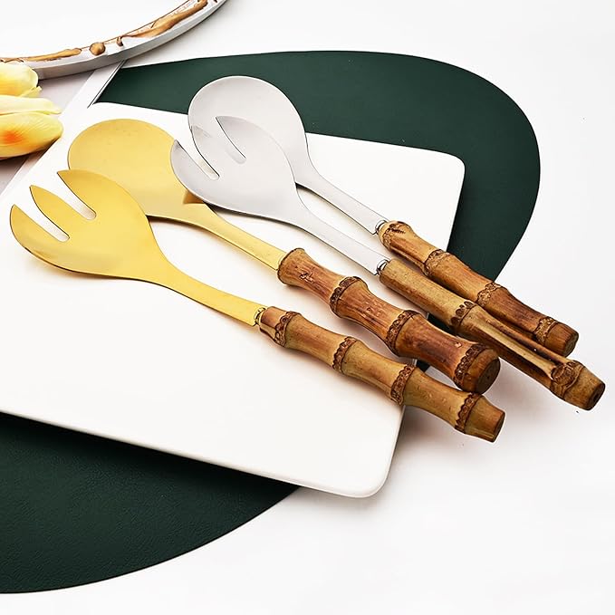 4PCS Serving Fork, 18/10 Stianless Steel Silver Resuable Serving Utensils With Bamboo Handle, Buffet Banquet Seafood Fork, 10-inch