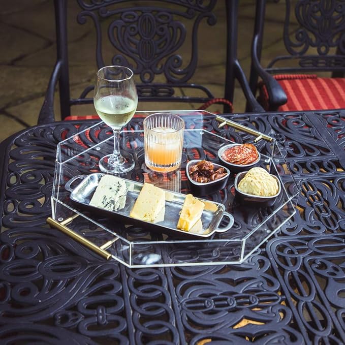 Isaac Jacobs Clear Octagon Acrylic Serving Tray (18x18) with Gold Metal Handles, Spill-Proof, Stackable Organizer, Food & Drinks Server, Lucite Storage (18x18 Octagon, Clear with Gold Handle)