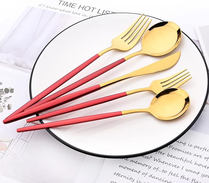 30-Piece Snplowum Mirror Flatware Serving Set, 18/0 Stainless Steel Dinnerware With Red Handle, Modern Durable Home Kitchen Eating Tableware Set Service For 6 (Red Gold)