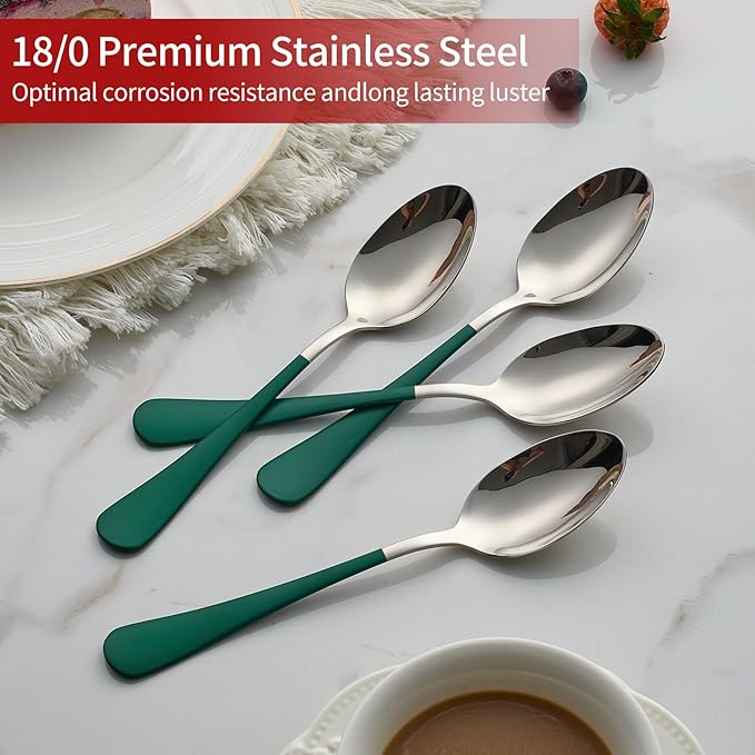 green Dinne spoons Set 12 Piece,Green Handle Silverware 18/0 Stainless Steel Flatware Bulk7.3-inch Dessert Spoons Sets Table of 12,Mirror Finished Dishwasher Safe