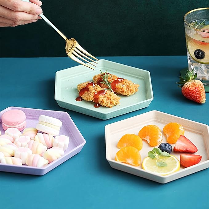 Incauca 5 Pack 6 Inch Lightweight Mini Wheat Straw Plates, Reusable Hexagon Dessert Plates, Small Saucers Plates, Plastic Side Dish Plates for Serving Snack Appetizer Salad Fruit, Assorted Colors