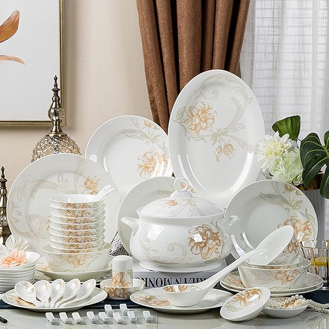 Gold Rim Ceramic Tableware Set Handmade Modern White China Ceramic Floral Tableware Set Suitable for Family Hotel Restaurant 58 Piece