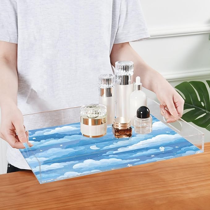 Serving Tray with Handles Clear Acrylic Tray 12x16 Inch Decorative Rectangular Tray Organizer for Ottoman Coffee Table Bathroom Blue Gradient Cloud and Stars