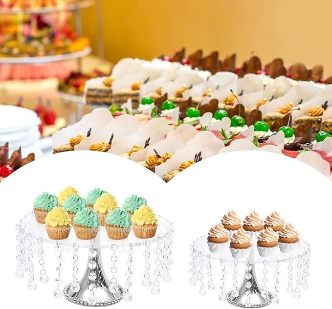 4PCS Mirror Crystal Wedding Cake Stand Set for Dessert Display, Crystal Beaded Cupcake Holder Plate with Chains Silver/Gold for Party Decoration (Clear Round 4PCS)