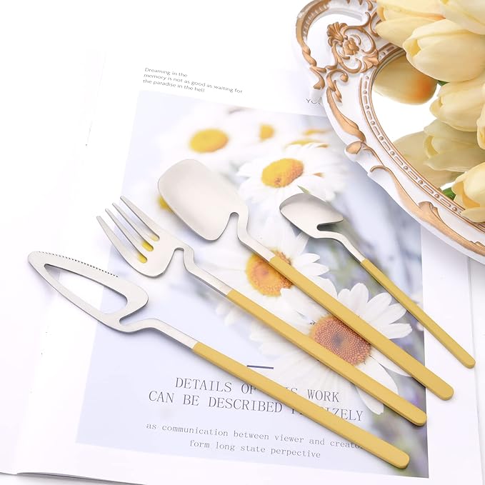 24pcs Household Cutlery Set, Matte Metal 18/10 Stainless Steel kitchen Utensils With Nice Coloured Handles For 6 People, Gift Box Packaged (Yellow Silver)