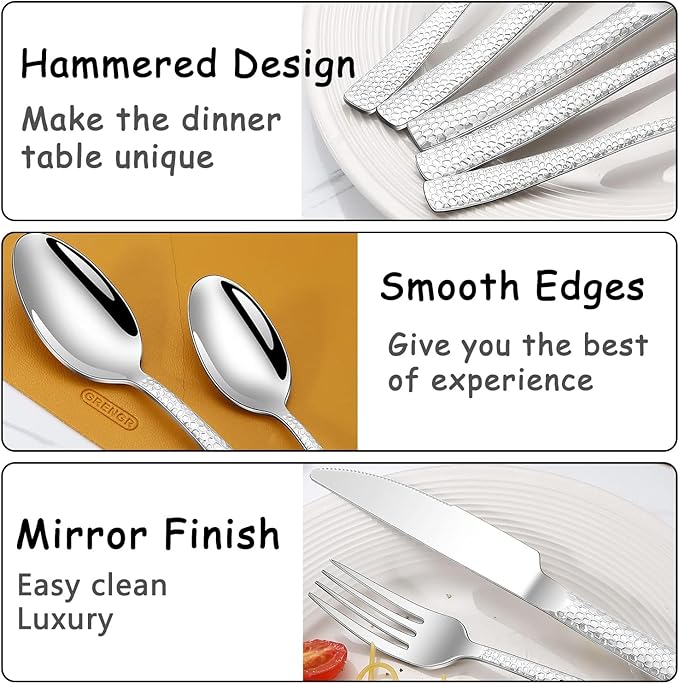 Hammered Silverware Set With Gift Box For 8 Cutlery Set Utensils Stainless Steel Flatware 40 Pieces MIKIWAY Luxury Kitchen Tableware Set For Gifts Festive, Dishwasher Safe, Mirror Polishing